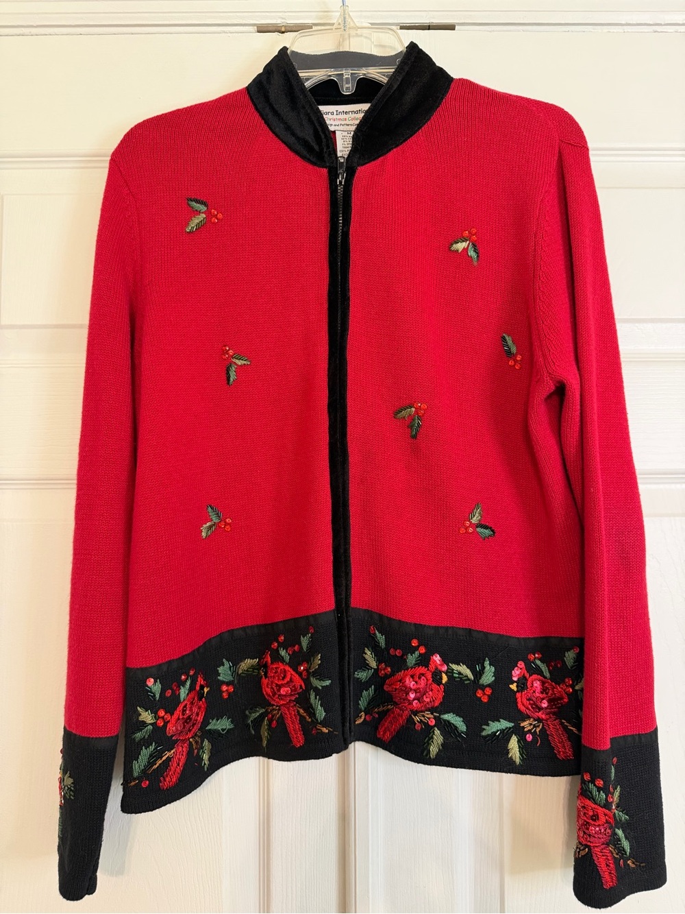 Tiara International Red Embroidered Zip-Front Sweater Jacket - Classic Holiday